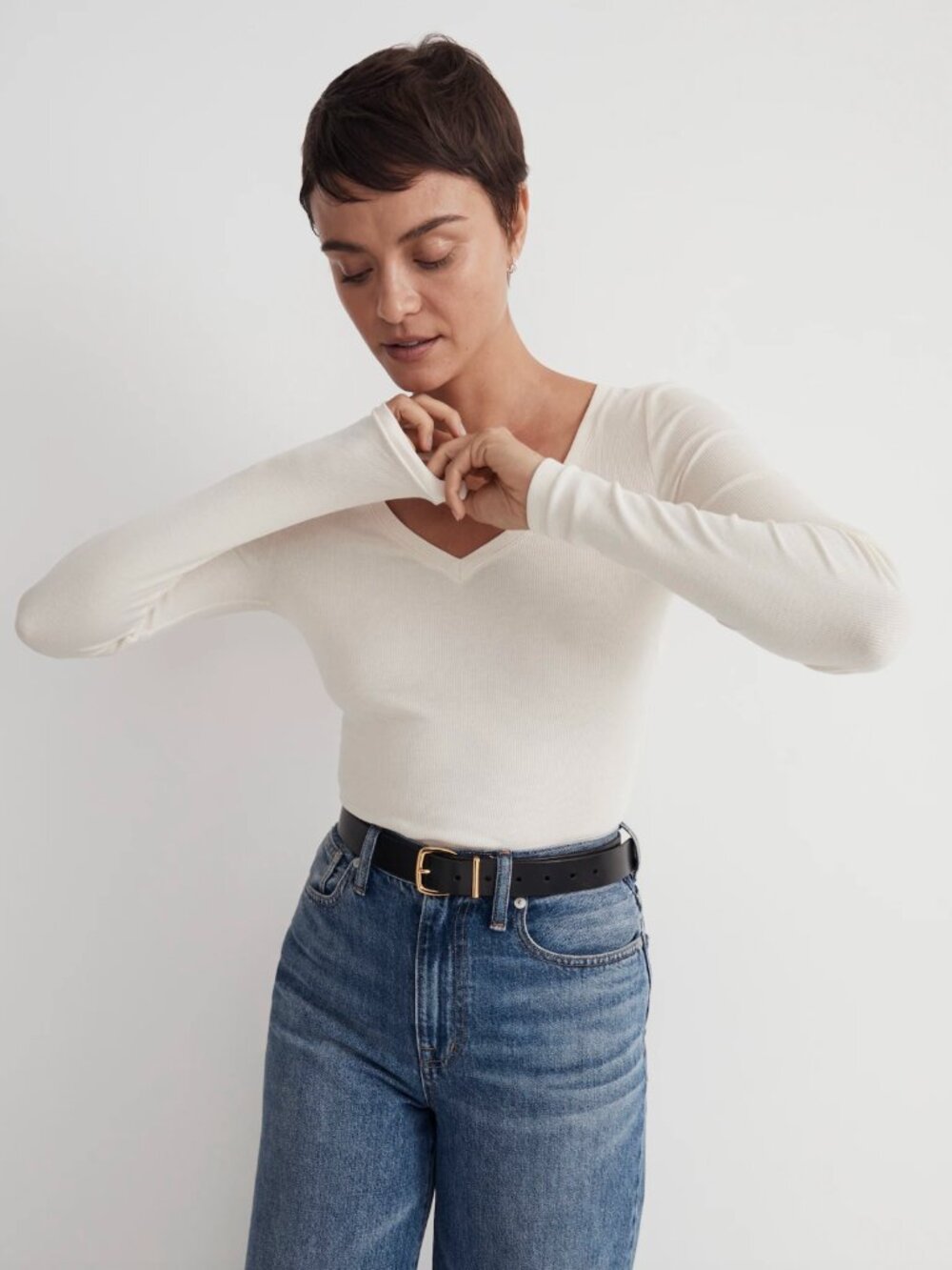 Madewell Brightside Finerib V-Neck Long-Sleeve Tee in Antique Cream Size S